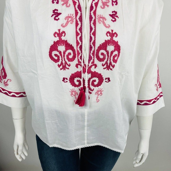 New Chico's Womans Sz 4 20/22 Easy Peasant Top White Embroidered Tassels Top NWT - Picture 5 of 10
